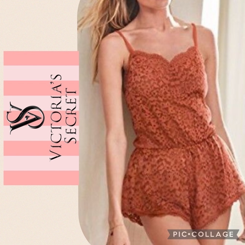 Victoria's Secret Body LACE ROMPER Scalloped Sheer Ginger Glaze Orange s